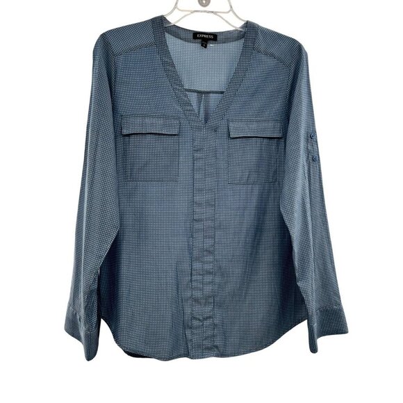 Express Women's Polka Dot Long Roll Tab Sleeve Pullover Top Blue/White Medium - Picture 1 of 9